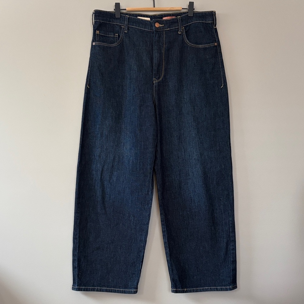 Pilcro Wide Leg Barrel Leg Dark Rinse Jeans Size 32 90s Y2K Slouchy Baggy Blue